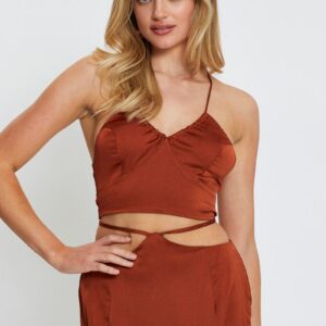 Brown Cami Top Halter Satin